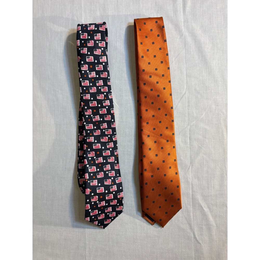 Mens Neckties Set 2 American Flag Stars Pattern Orange‎ Geometric Silk Blend